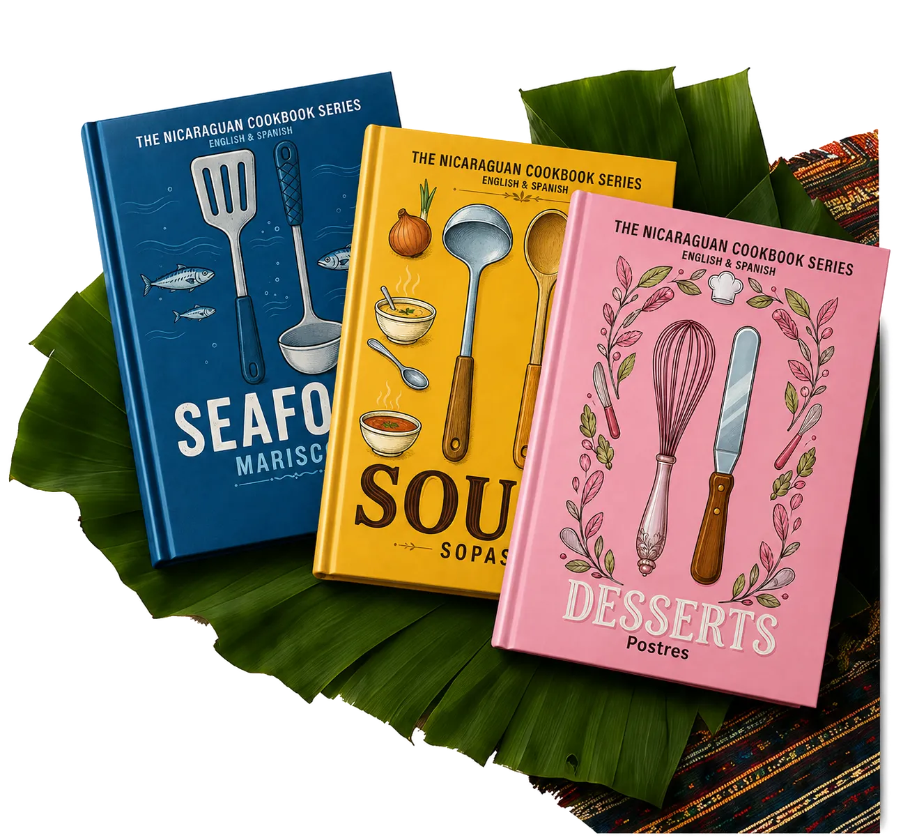 Sabores de Nicaragua cookbook collection on tropical leaves