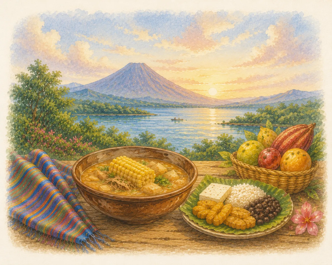 Watercolor of a Nicaraguan lake and traditional food